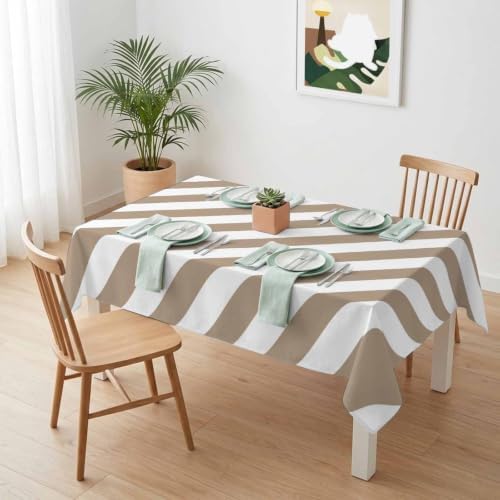 Country Taupe White Stripe Waterproof Tablecloth Rectangle Washable