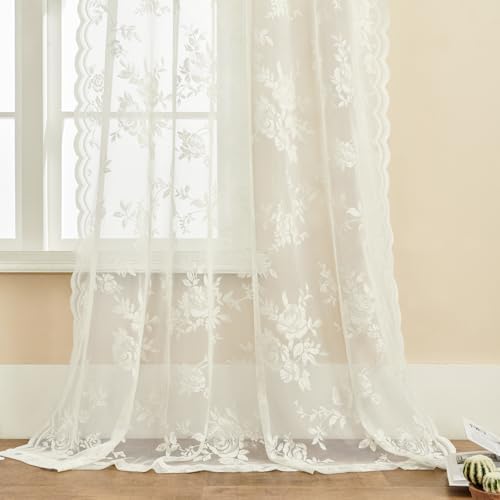 Cream Lace Curtains 120 Inches Long 2 Panels Victorian Floral Sheer