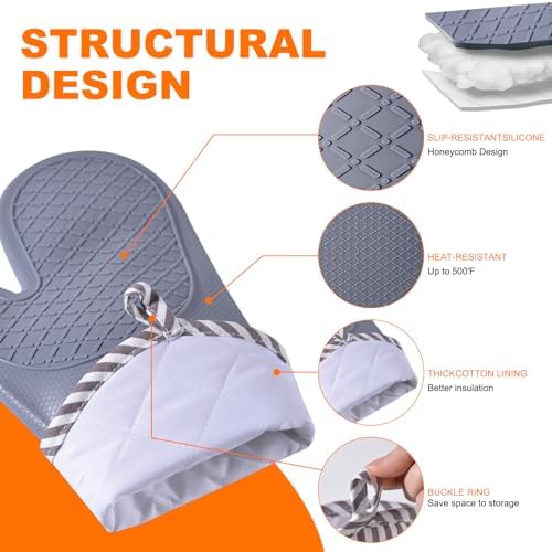 Silicone Oven Mitts, Heat Resistant Oven Gloves with Quilted Liner