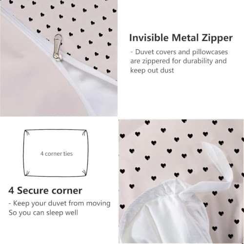 Beige Simple Black Heart Duvet Cover Set for Women Girls 3 Pcs Cute