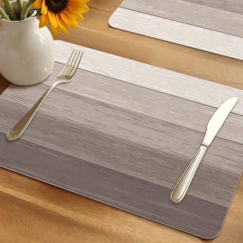 Faux Leather Placemats Set of 6 Khaki Wood Grain Waterproof Heat