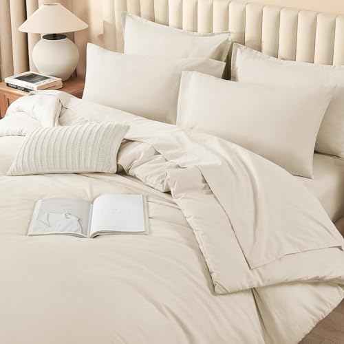 Litanika King Comforter Set with Sheets Beige - 7 Pieces Solid Bed in