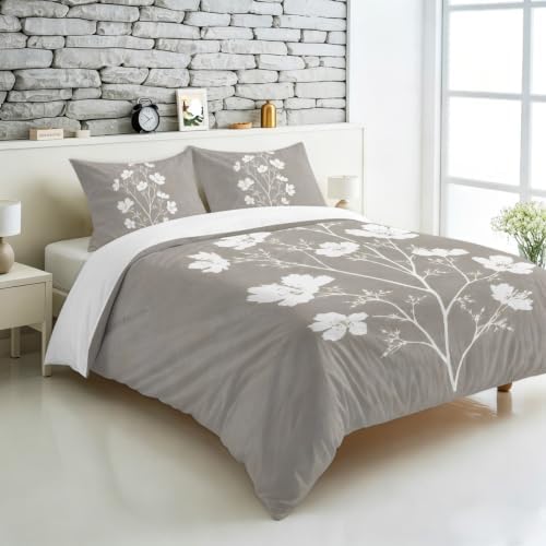 3 Pieces Bedding Set Queen Size, Gray Floral Blossom Soft Duvet Covers