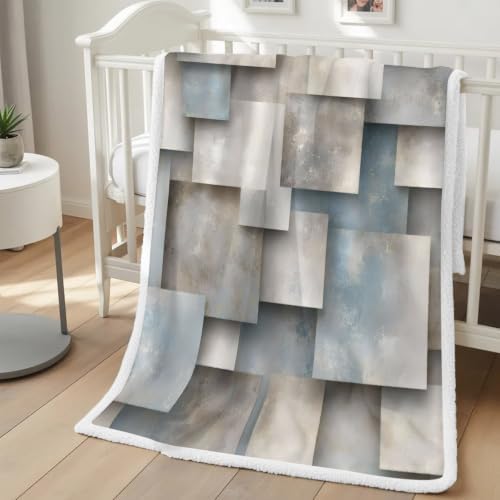 Abstract Block Sherpa Fleece Blanket Minimalist Beige Gray Raised