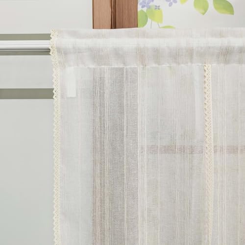 1 Panel Beige Striped Tie-up Linen Curtain with Crocheted Lace Trim