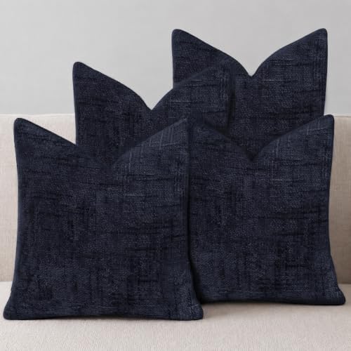 Textured Chenille Throw Pillow Covers 18x18 Set of 4, Navy Blue Boho