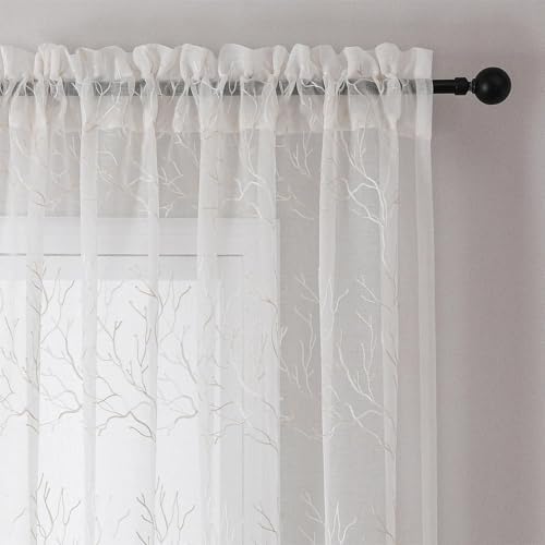 VISIONTEX White Sheer Curtains Beige Coral Branch Embroidered