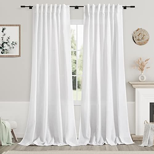 Solid White Curtains 96 Inches Long 2 Panels Back Tab Sheer Linen