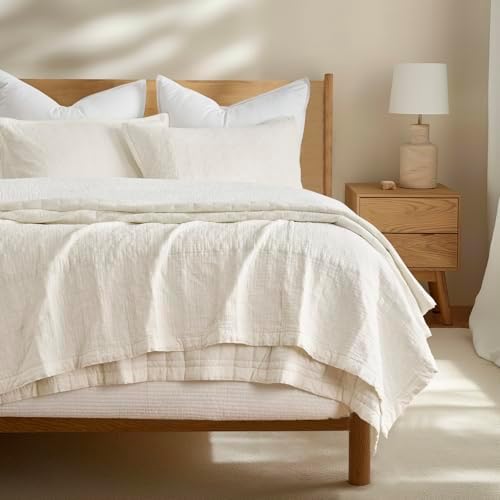 EVERGRACEHOME Stonewashed Cotton Quilt Set, King Size, Ivory White