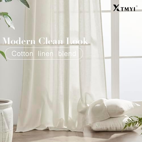 XTMYI Linen Curtains 96 Inch Long 2 Panel Set, Cream Sheer Pleated