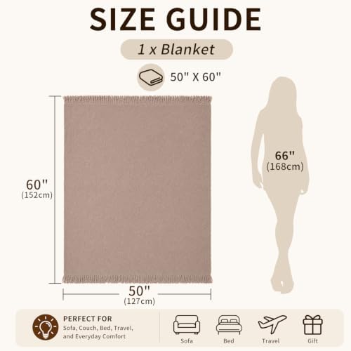 Knit Throw Blanket 50x60, Soft Fuzzy Fringe, Taupe