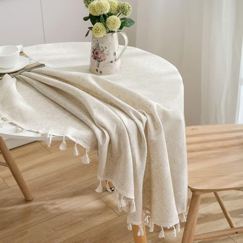 Round Fringed Tablecloth, Beige Linen-Look PVC - Waterproof Oilproof