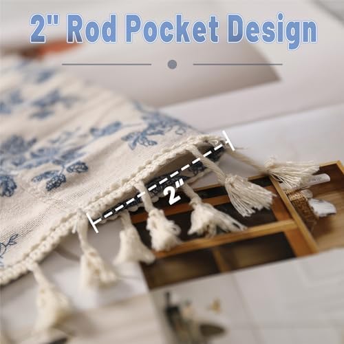 1 Pair Blue Floral Linen Curtains Rustic Country Style Light Filtering