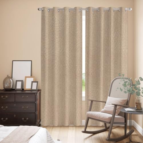 Beige Window Curtains Panels with Silver Grommet, Farmhouse Solid