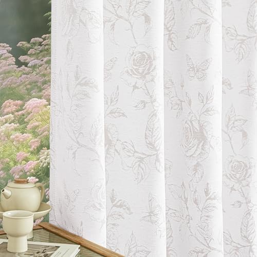 FMFUNCTEX Taupe Floral Jacquard Curtains for Bedroom, Rose Flower