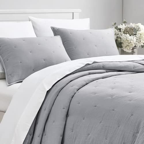 BOURINA Embroidery Quilt Set Grey Oversized King 3-Piece Soft Bedding