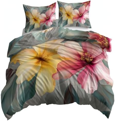 Duvet Cover Set Zipper Closure Gray Queen Quilt Cover Set Tropical