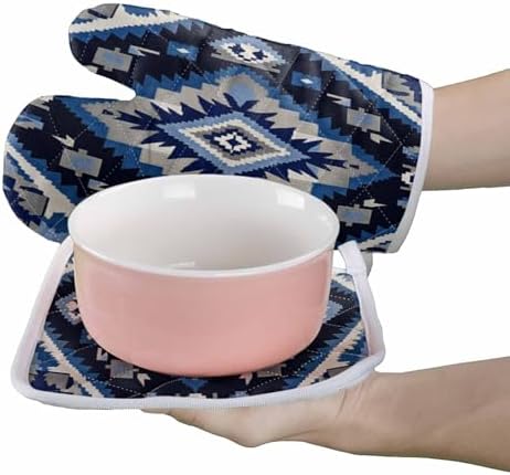 Quilted Cotton Terry Cloth Oven Mitt, Pot Holder Blue Grey Symmetry