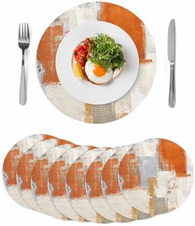 Round Placemats Set of 8 Orange Gray Beige Block Place Mats Washable