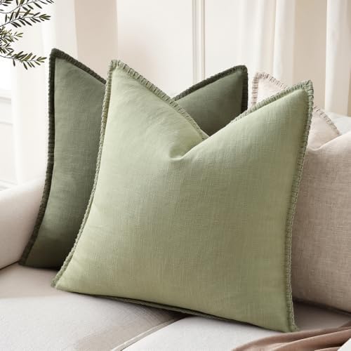 decorUhome Linen Neutral Sage Green Throw Pillow Covers 20X20 Set of 2