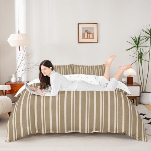 Taupe Beige Striped Duvet Cover Set King Size,Modern Simple Line