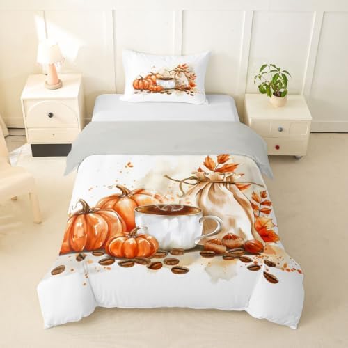 Manfei Pumpkin Coffee Girls Bedding Set Twin Size, Fall Leaves