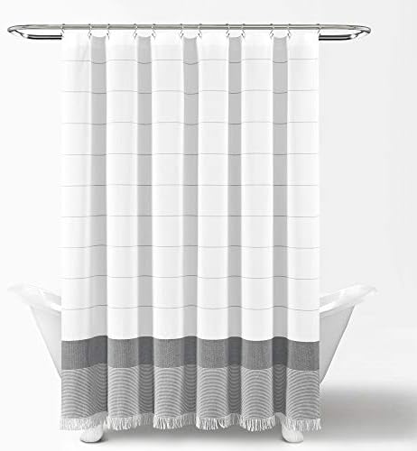 Lush Decor White Woven Cotton Shower Curtain with Gray Stripe and