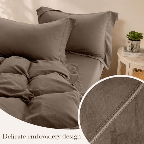 Duvet Cover Set Washed Cotton Embroidered Hem Queen 3‐Pcs