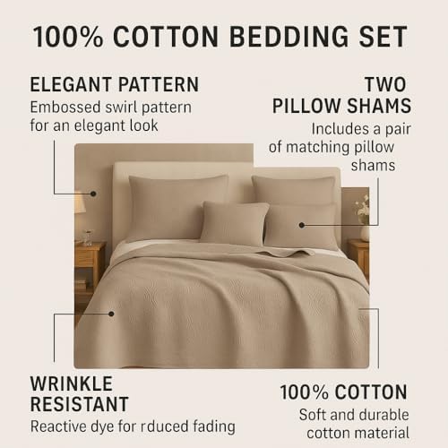 DaDa Bedding Cotton Matelasse Coverlet Set, Taupe Brown, King, 3-Piece
