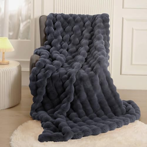 Gray Faux Rabbit Fur Bubble Throw Blanket 60 x 80 in