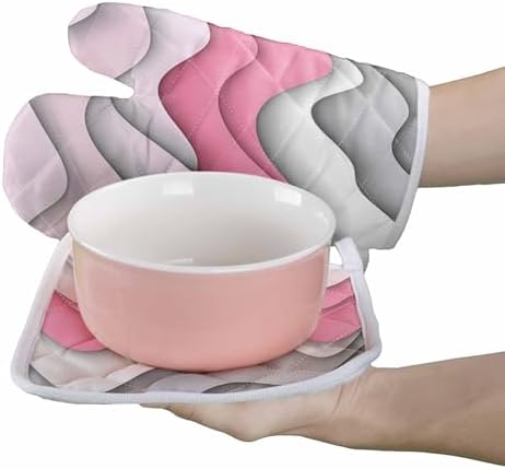 Quilted Cotton Terry Cloth Oven Mitt, Pot Holder Pink Gray Gradient