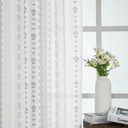 Light Gray Farmhouse Curtains for Bedroom Living Room,Grey and White