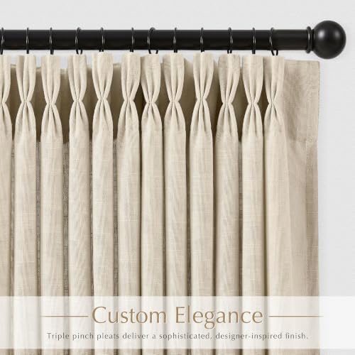 Beige Pinch Pleated Linen Curtains 120 inch Length 2 Panels for Living