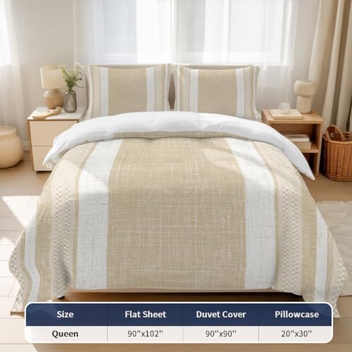 Beige Stripes Queen Size 4 Piece Duvet Cover Set, Minimalist Cream