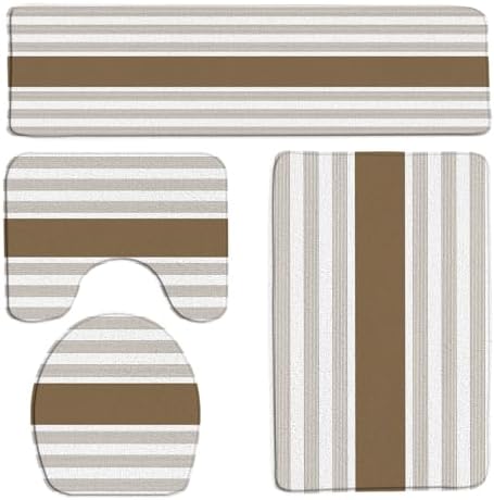 4pcs Striped 4pcs Bath Mat Set,Brown White Lines Cute Modern