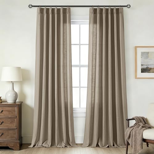 Dark Taupe Pinch Pleat 96 inch Long Linen Curtains 2 Panels Set for