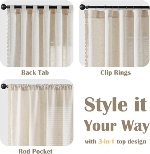 Beige Linen Curtains 63 Inch Long for Bedroom Living Room Semi Sheer