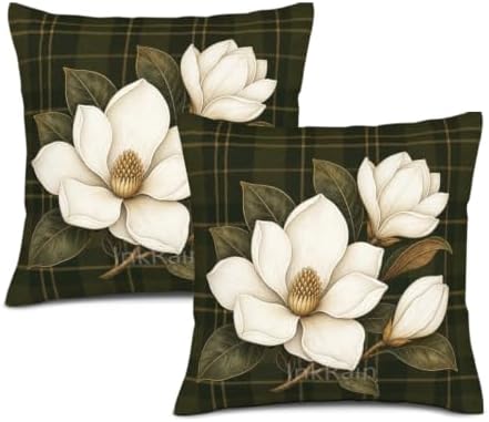 InkRain Magnolia Pillow Cover Dark Green Plaid White Bud Branch 22x22