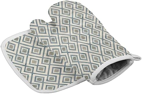 Oven Mitts and Pot Holder Set for Kitchen, Hand Drawn Rhombus