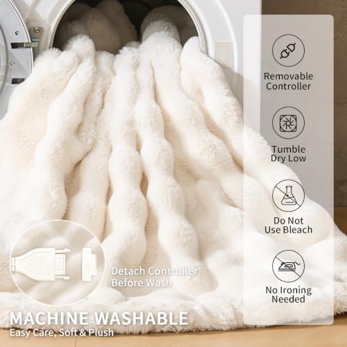 Fluffy Faux Fur Heated Blanket King Size,Cream,90"x100"