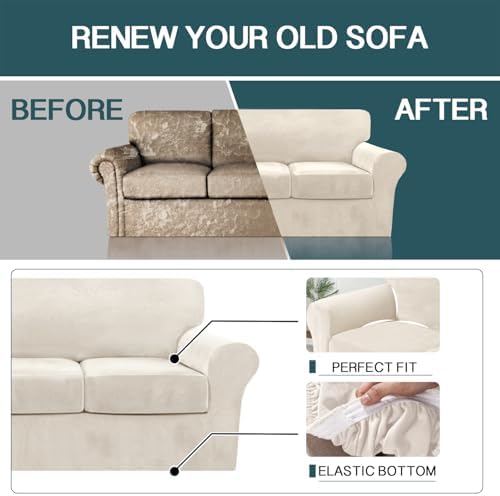 FantasDecor 4 Piece Sofa Velvet Couch Covers for 3 Cushion Stretch