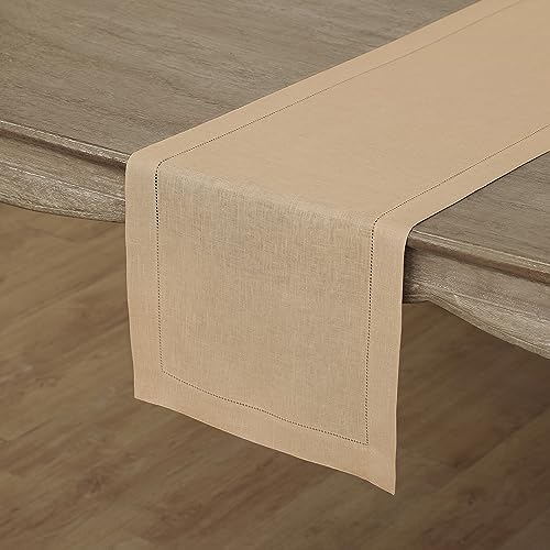 Solino Home 100% Pure Linen Dining Table Runner Beige Hemstitch, 14 x