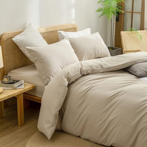 BESTOUCH Cotton Solid Duvet Cover Set Almond Milk Grey Oversized Full