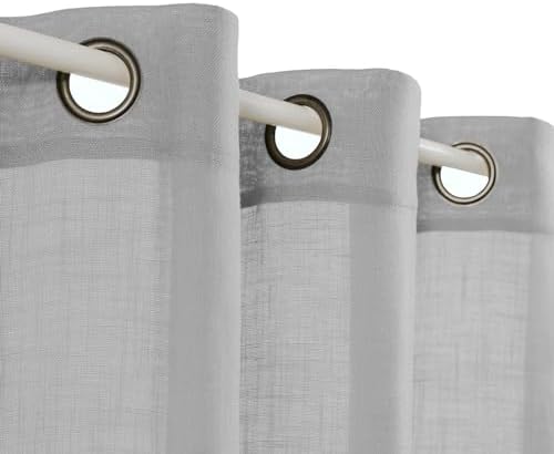 Linen Gray Grommet Curtains 63 Inch Length for Bedroom Boho Semi Sheer