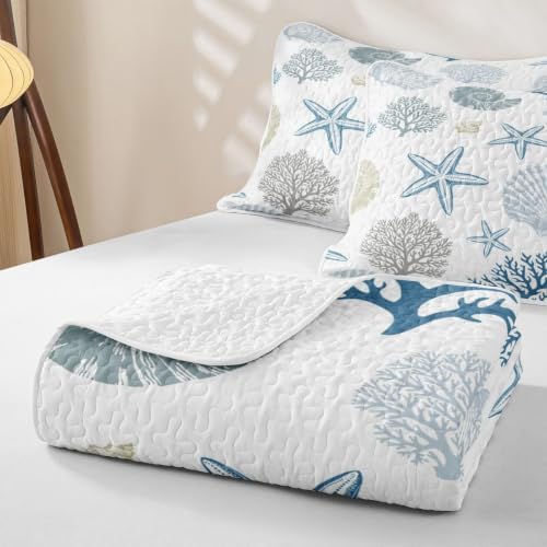 Manfei Coral Starfish Quilt Set Minimal Neutral Coastal Quilt Bedding