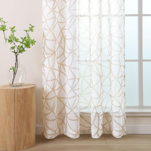 L.Z.E White Beige Sheer Curtains 84 Inches Long 2 Panels Set, Linen