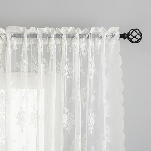 Kotile Ivory Lace Curtains for Living Room Rustic Floral 2 * 52x108