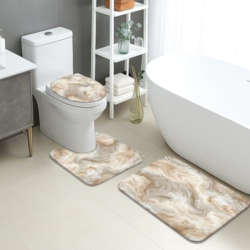 Marbled Beige Bathroom Mat Sets 3 Piece, Elegant Neutral Abstract