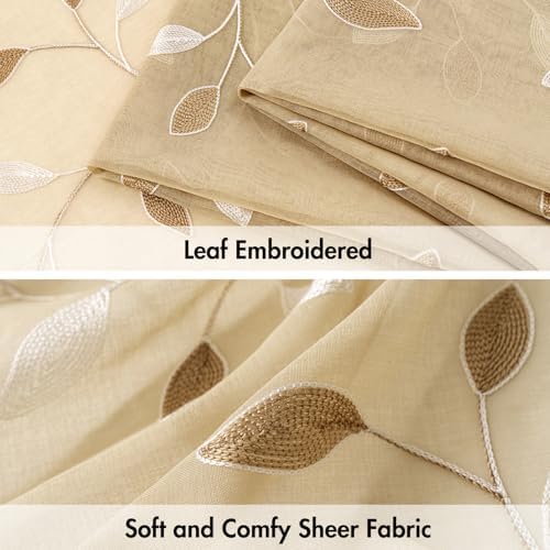 MIULEE Beige Sheer Curtains 2 Panels Embroidered Leaf Patterned, W52 x