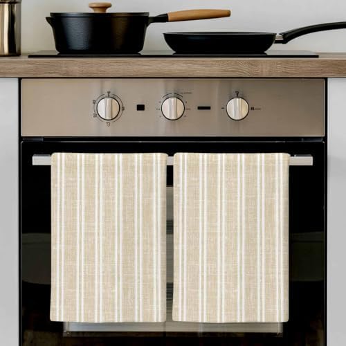 Beige White Stripes Kitchen Towels Set of 3, Rustic Warm Beige Lines